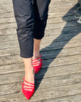 Gloria Red sandalo chanel  in nappa rossa con cinturini e tacco basso artigianale