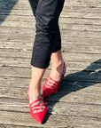 Gloria Red sandalo chanel  in nappa rossa con cinturini e tacco basso artigianale