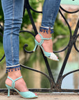 Capri Glitter sandalo stile vintage con tacco in nappa acquamarina e glitter artigianale