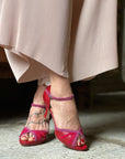 Minnie Red sandalo in pelle e camoscio color rosso tacco 7 artigianale toscano