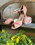 Minnie Rose sandalo in pelle e camoscio color rosa tacco 7 artigianale toscano