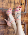 Minnie Rose sandalo in pelle e camoscio color rosa tacco 7 artigianale toscano