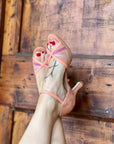 Minnie Rose sandalo in pelle e camoscio color rosa tacco 7 artigianale toscano