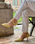 Paulette Yellow decolletè in nappa gialla con cinturino tacco 6cm artigianale marchigiano