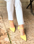 Paulette Yellow decolletè in nappa gialla con cinturino tacco 6cm artigianale marchigiano