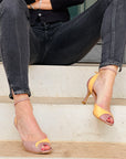 Anna Nude sandalo opentoe in nappa malva e melone tacco 8 lavorazione artigianale marchigiana