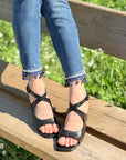 Blanca Black sandalo chanel in nappa nera tacco 7 cm lavorazione artigianale
