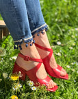 Blanca Cora sandalo chanel in nappa corallo tacco 7 cm lavorazione artigianale