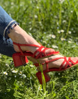 Diaz Red sandalo in nappa rossa stampata tacco 6 cm artigianale Lagattaconglistivali