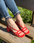 Diaz Red sandalo in nappa rossa stampata tacco 6 cm artigianale Lagattaconglistivali