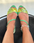 Dallas Green sandalo basso in pelle verde e laminato tacco 2.5 cm - artigianale marchigiana