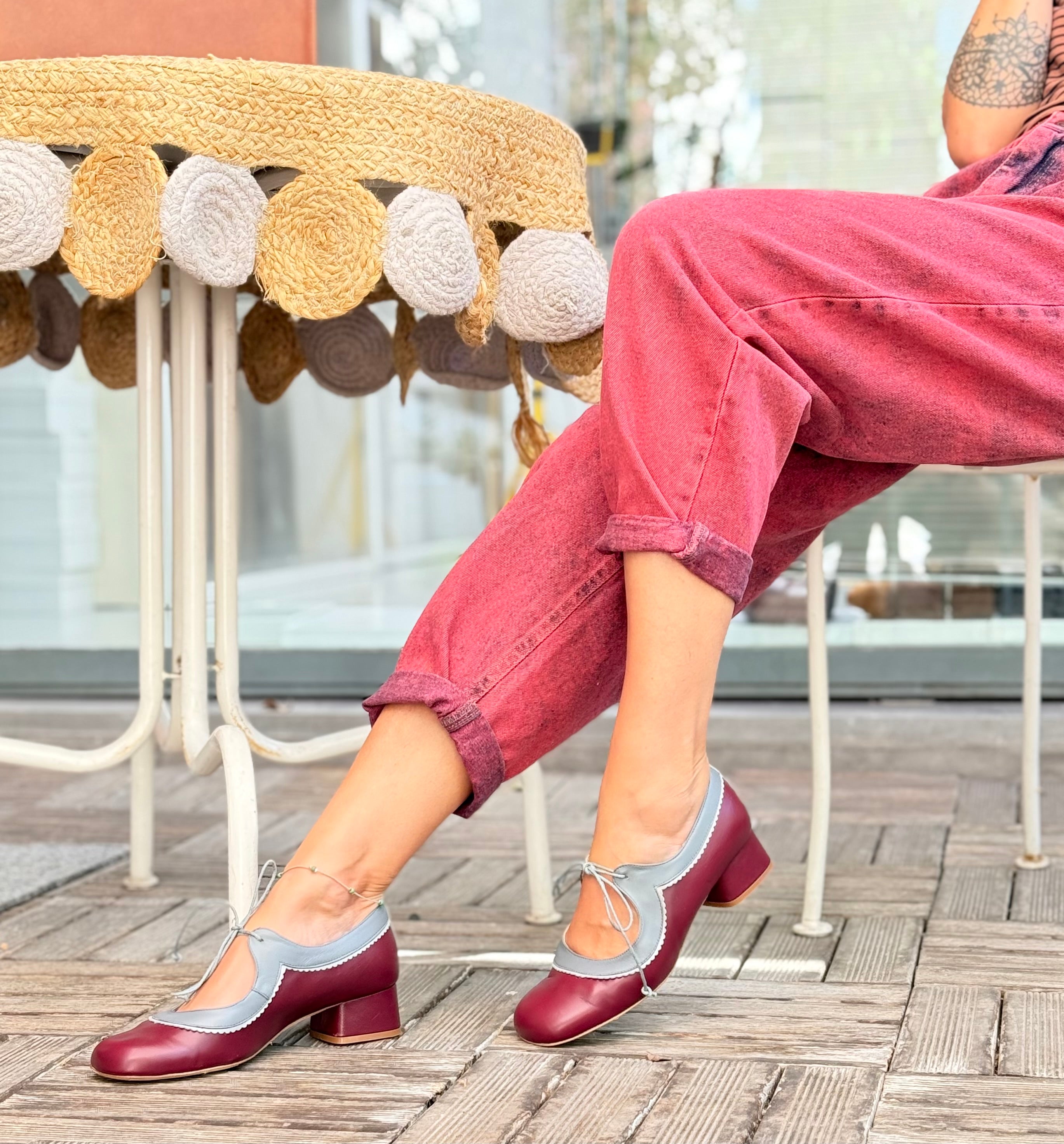 Edith Wine scarpina in pelle bordeaux con lacci tacco cm