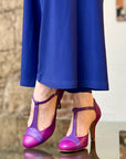 Mindy Violet scarpetta t bar in tacco 7 cm in nappa fucsia e viola artigianale