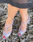 Lanai Glitter sandalo t bar open toe con tacco in glitter rosa e nappa  artigianale