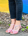 Sonnie Rose sandalo t bar in nappa rosa tacco 6 cm. plateau da 0,5 cm. artigianale