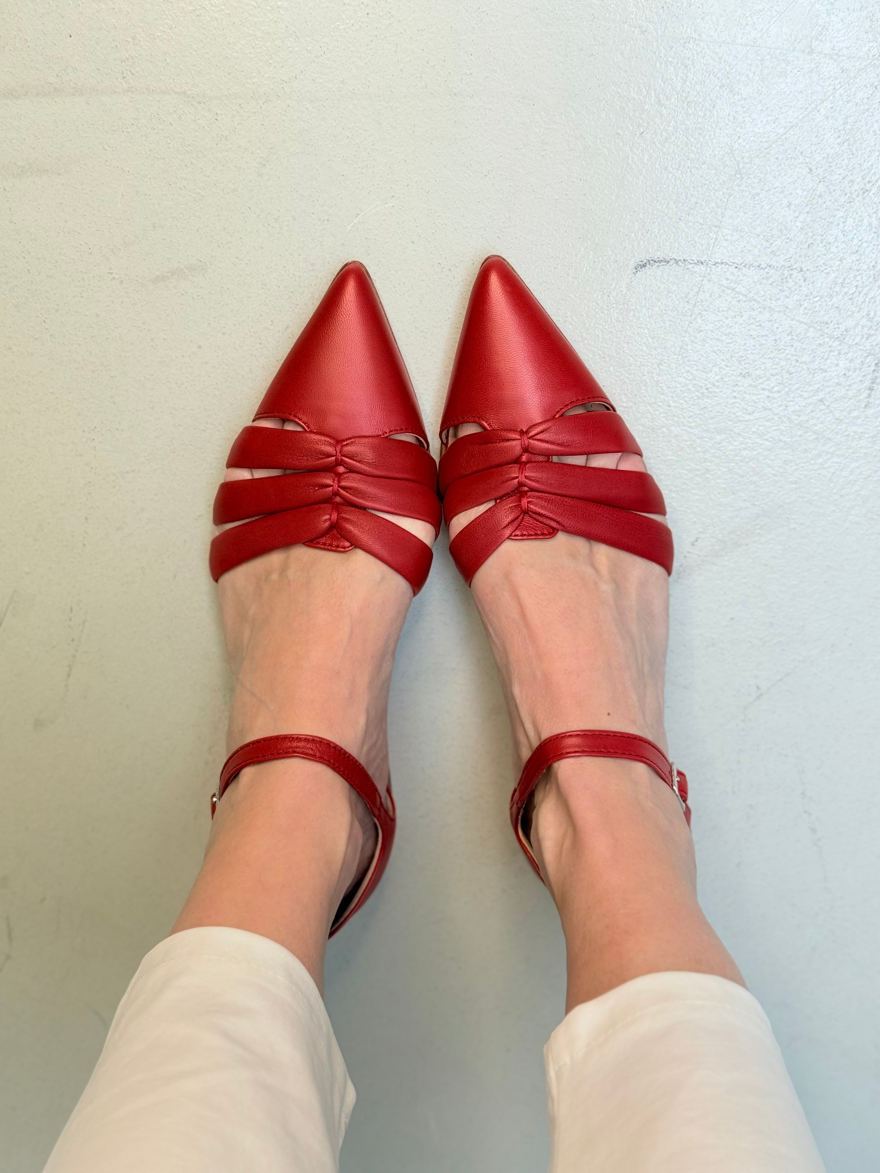 Image of Naima Red ballerina in pelle rossa tacco 2cm artigianale marchigiana