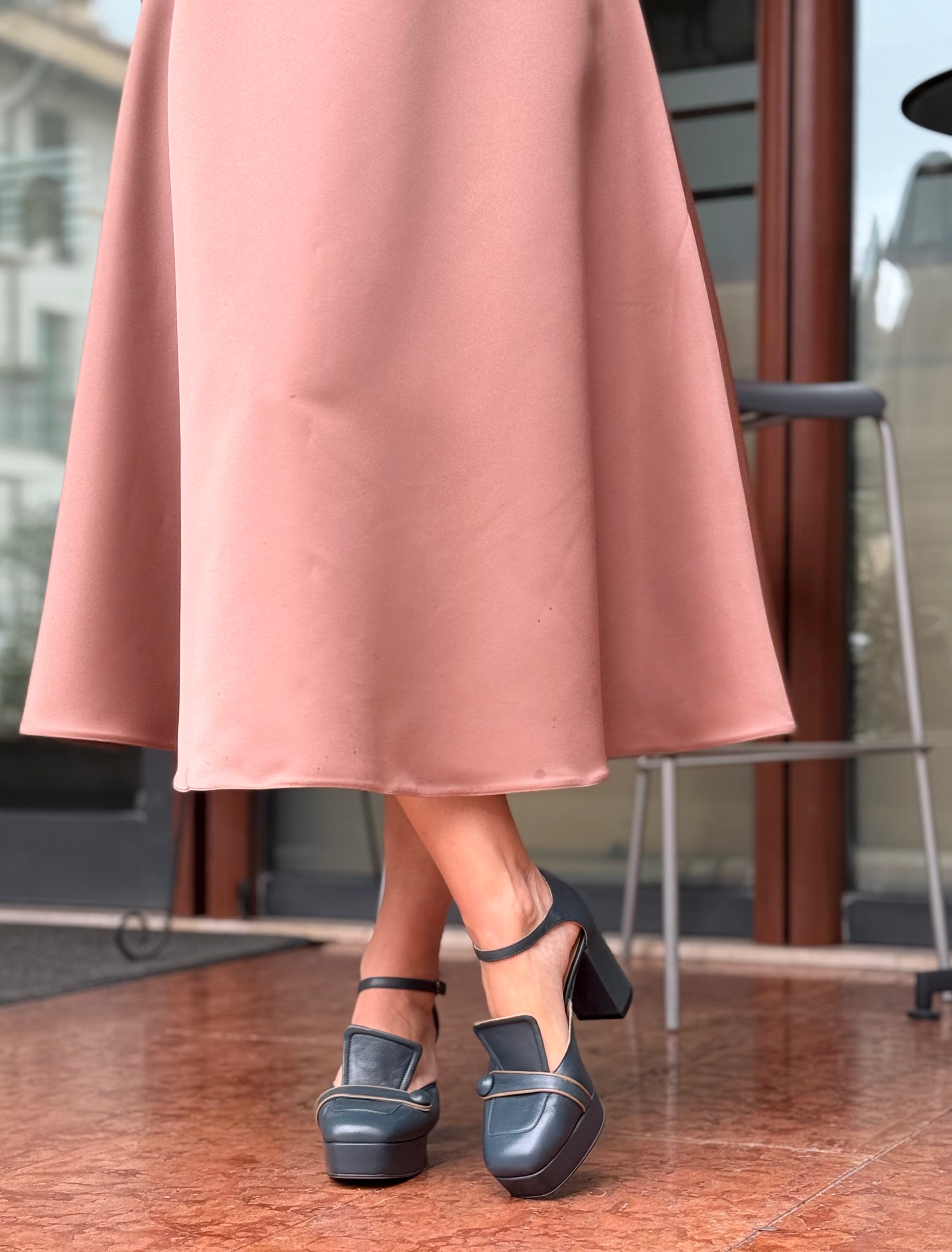 Image of Nico Pet decollete in nappa verde petrolio con cinturini e con plateaux tacco 8.5 cm artigianale marchigiana