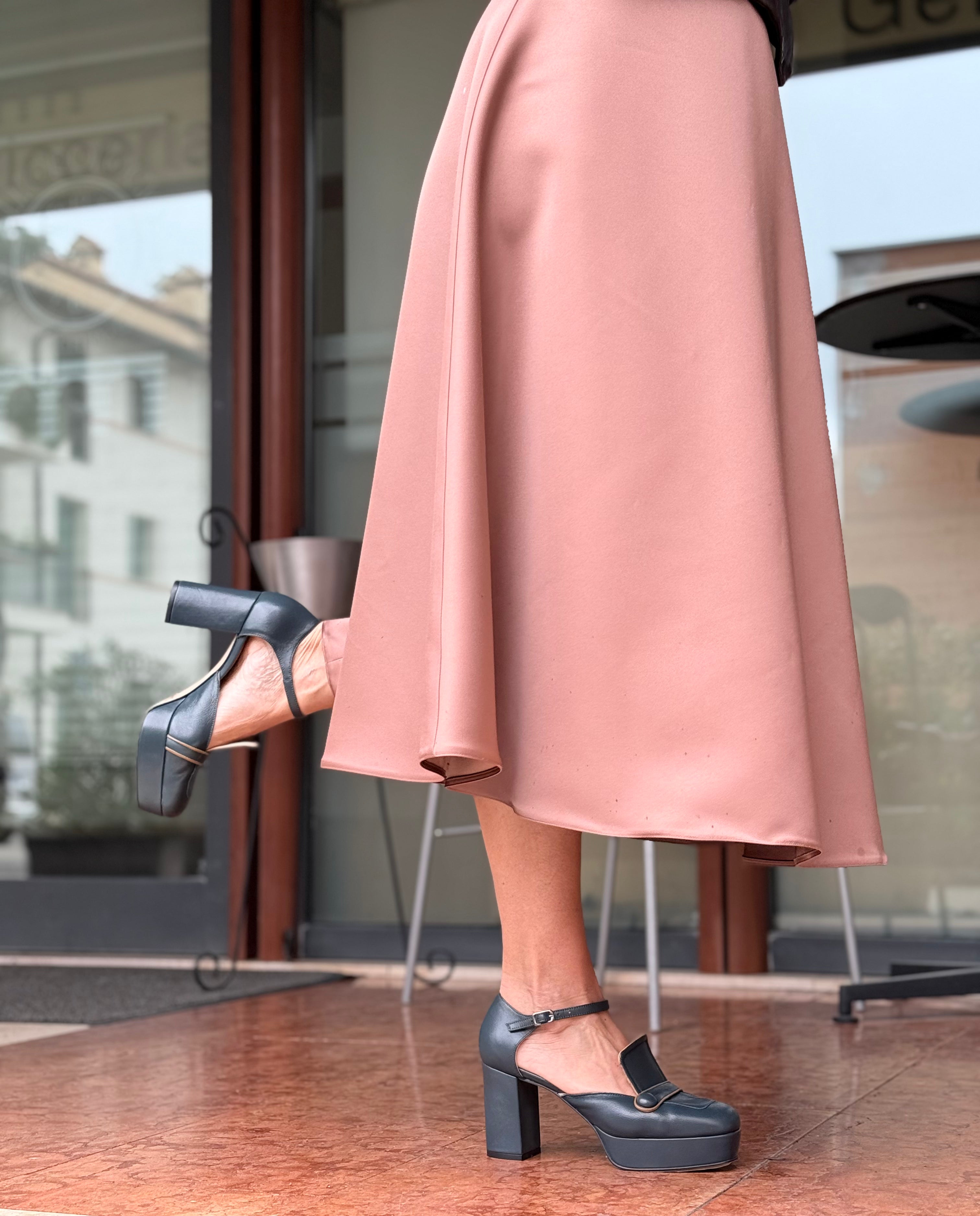 Image of Nico Pet decollete in nappa verde petrolio con cinturini e con plateaux tacco 8.5 cm artigianale marchigiana