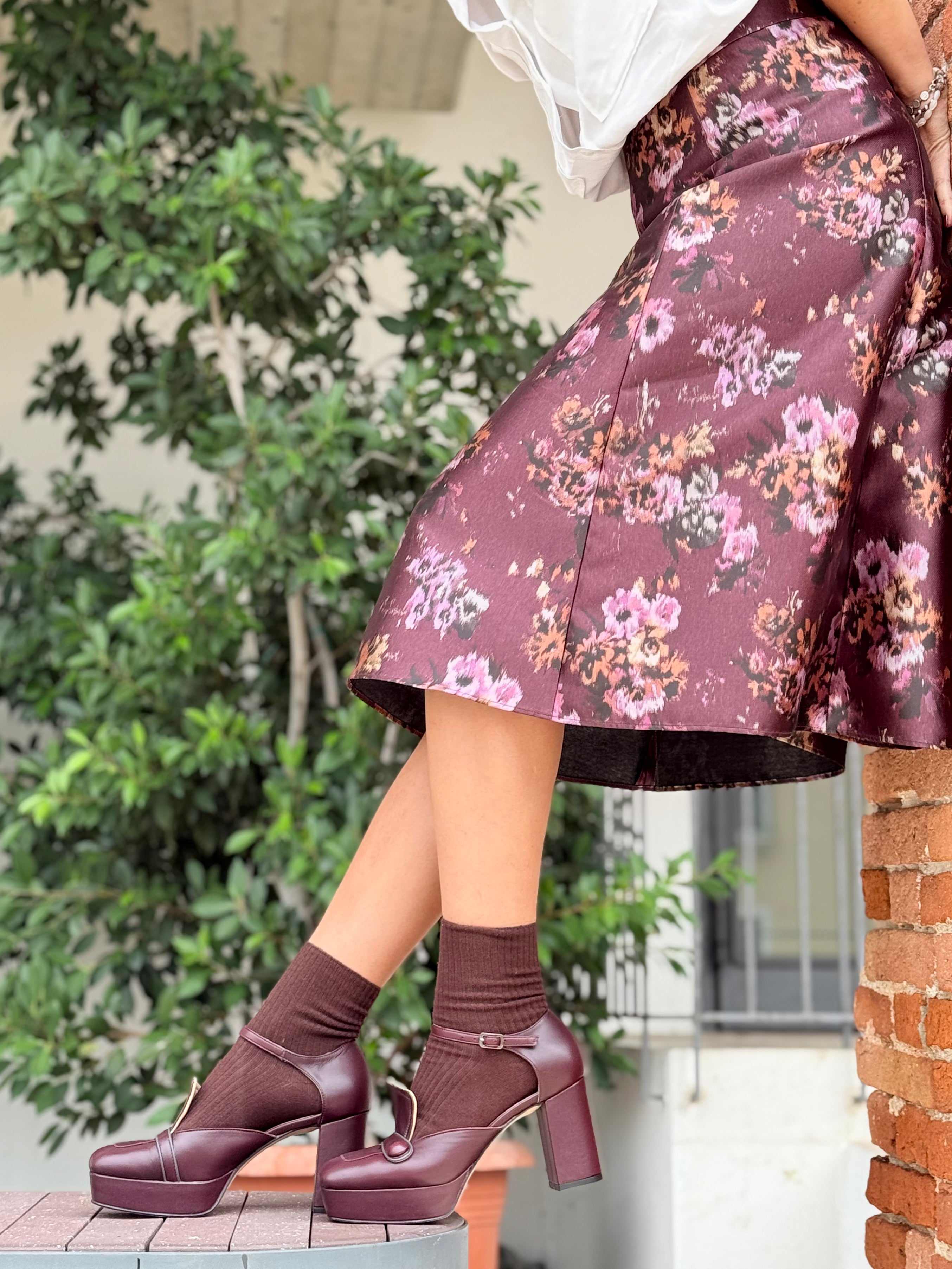 Image of Nico Bordeaux decollete in nappa bordeaux con cinturini e con plateaux tacco 8.5 cm artigianale marchigiana