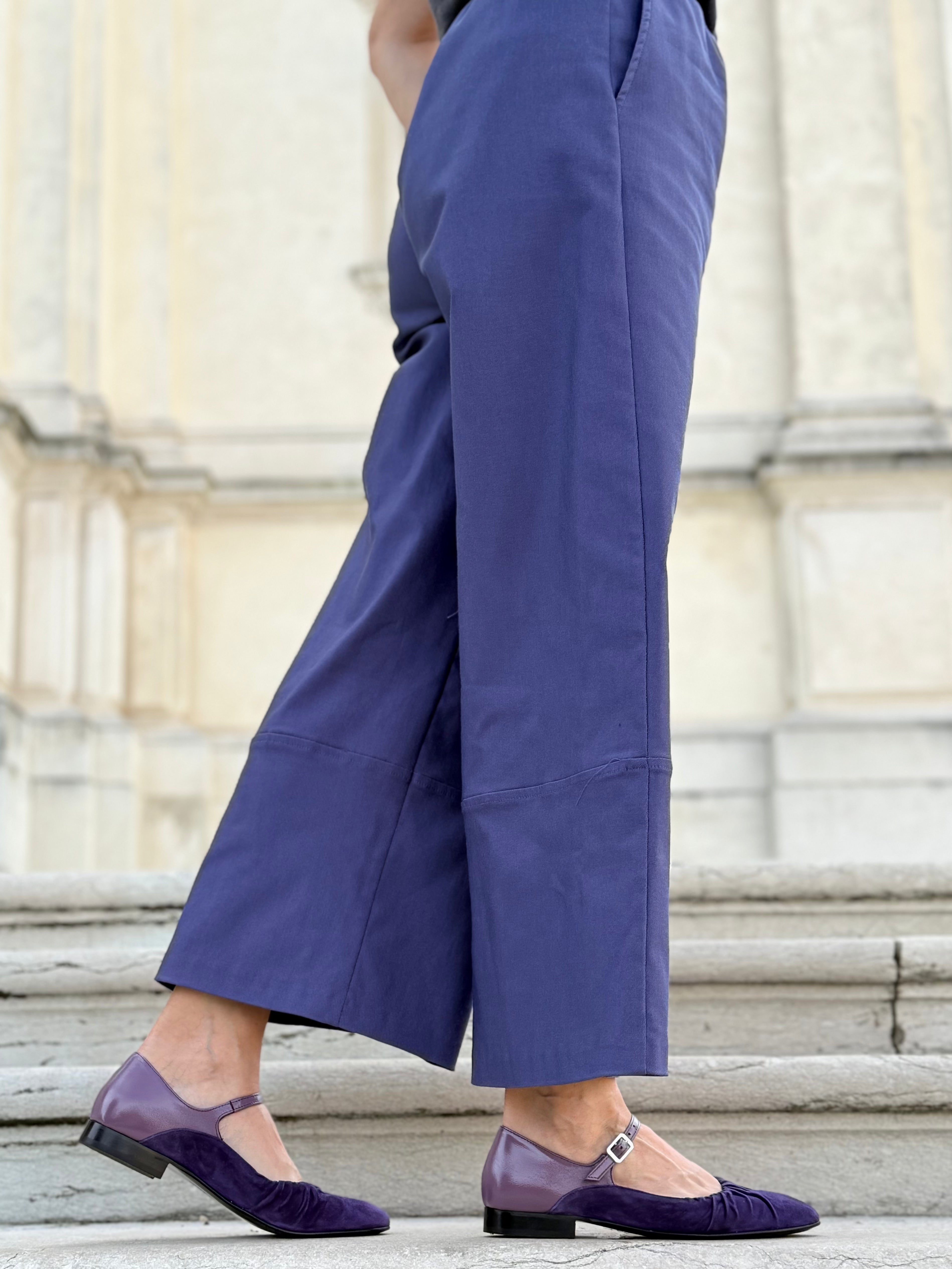 Image of Minosse Purple ballerina in camoscio viola con cinturino tacco 1.5 cm artigianale marchigiana