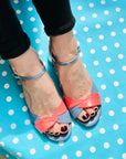 Ermes Jeans sandalo con tacco 6 cm. in nappa azzurra e rosa artigianale Toscano