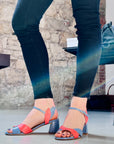 Ermes Jeans sandalo con tacco 6 cm. in nappa azzurra e rosa artigianale Toscano