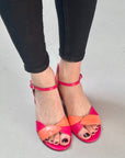 Ermes Pink sandalo con tacco 6 cm. in nappa fucsia e arancio artigianale Toscano