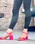 Ermes Pink sandalo con tacco 6 cm. in nappa fucsia e arancio artigianale Toscano