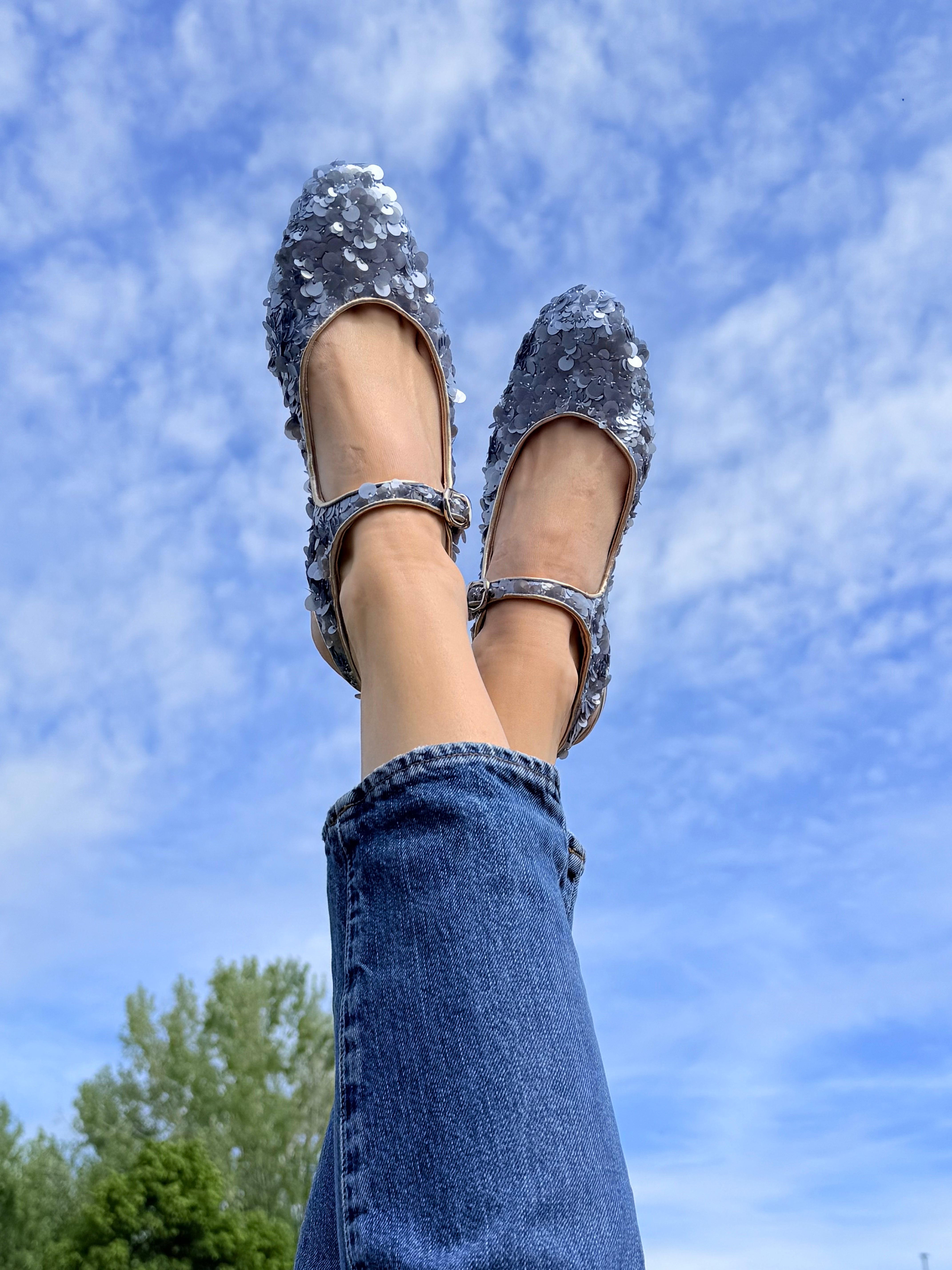 Image of VEG Arlene Cielo ballerina slingback con pailette azzurre artigianale toscana
