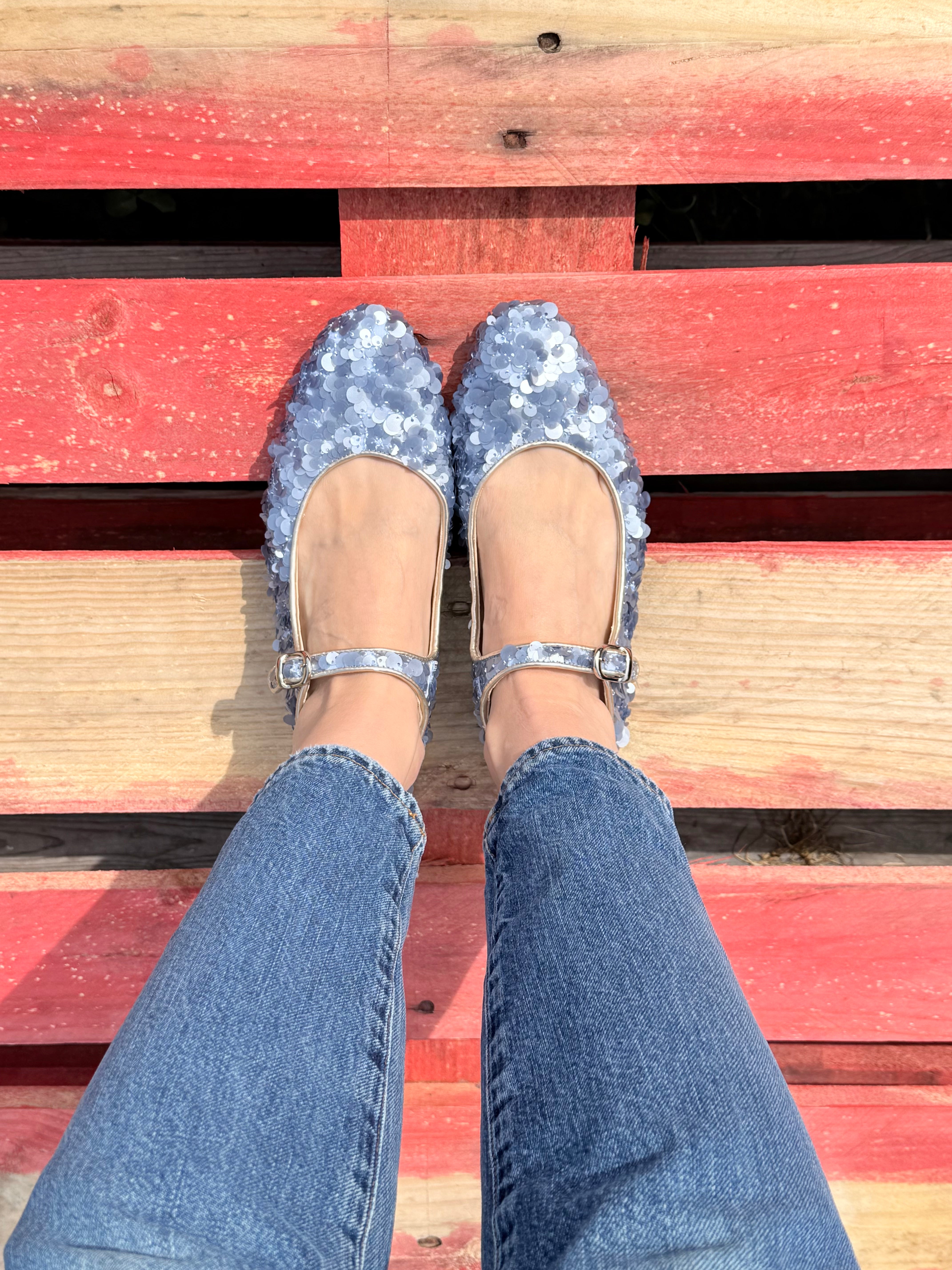 Image of VEG Arlene Cielo ballerina slingback con pailette azzurre artigianale toscana