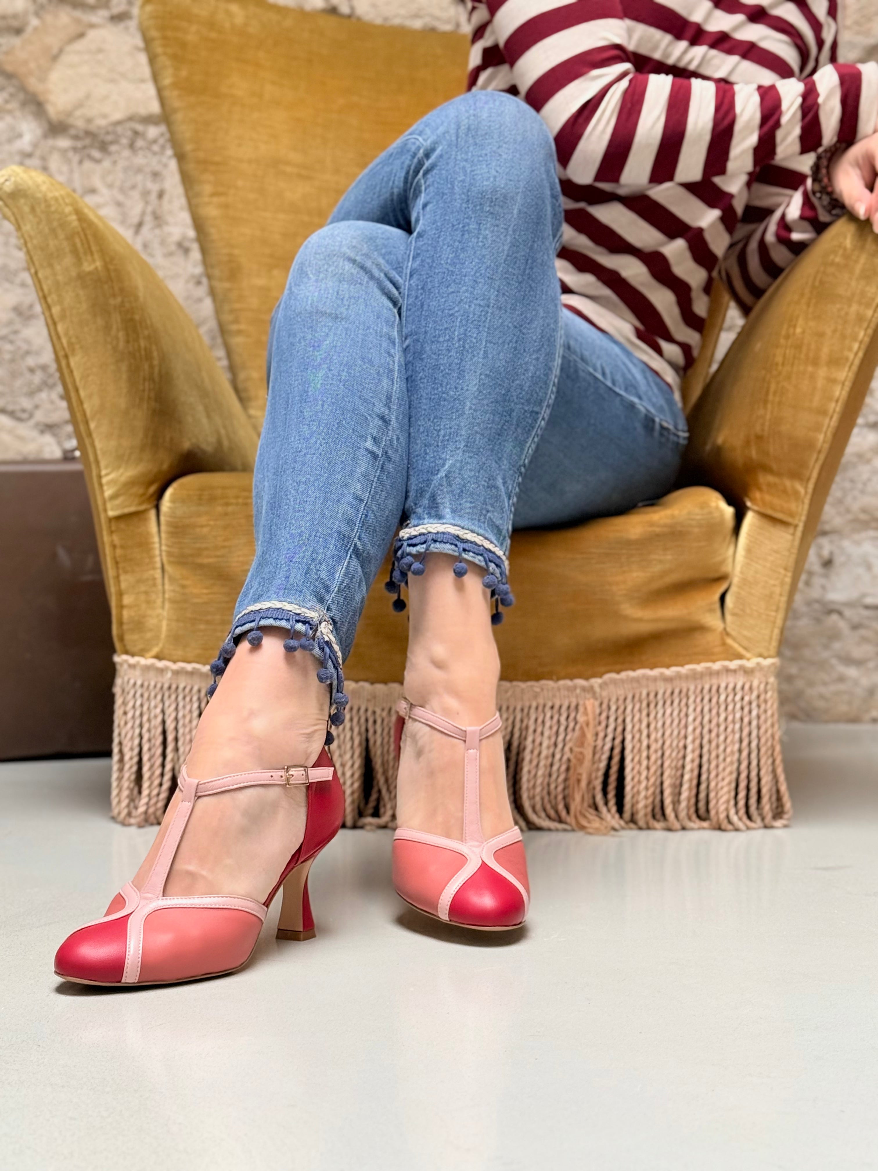 Image of Creamy Red decollete t-bar in nappa rossa e rosa tacco 7 artigianale pugliese