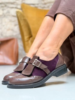 Image of Ops Moka scarpa bassa in nappa marrone e camoscio bordeaux artigianale toscana