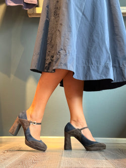 Image of M2O Brown decollete marrone e blu tacco 9cm con plateau  2cm artigianale