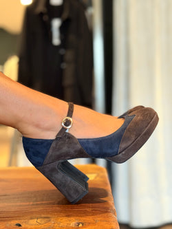 Image of M2O Brown decollete marrone e blu tacco 9cm con plateau  2cm artigianale
