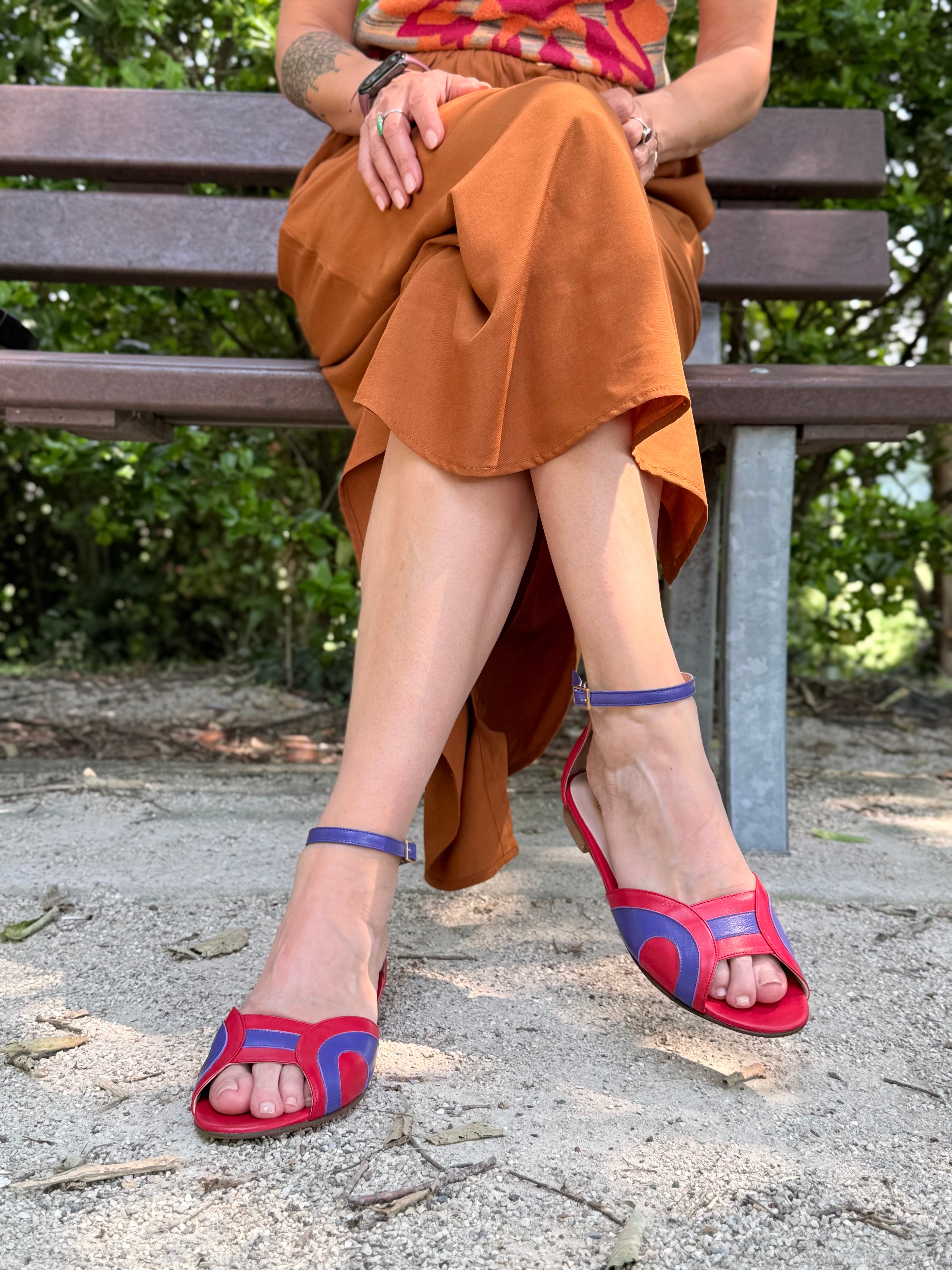 Image of Holbox Red sandalo basso in nappa rossa tacco 1 artigianale marchigiana