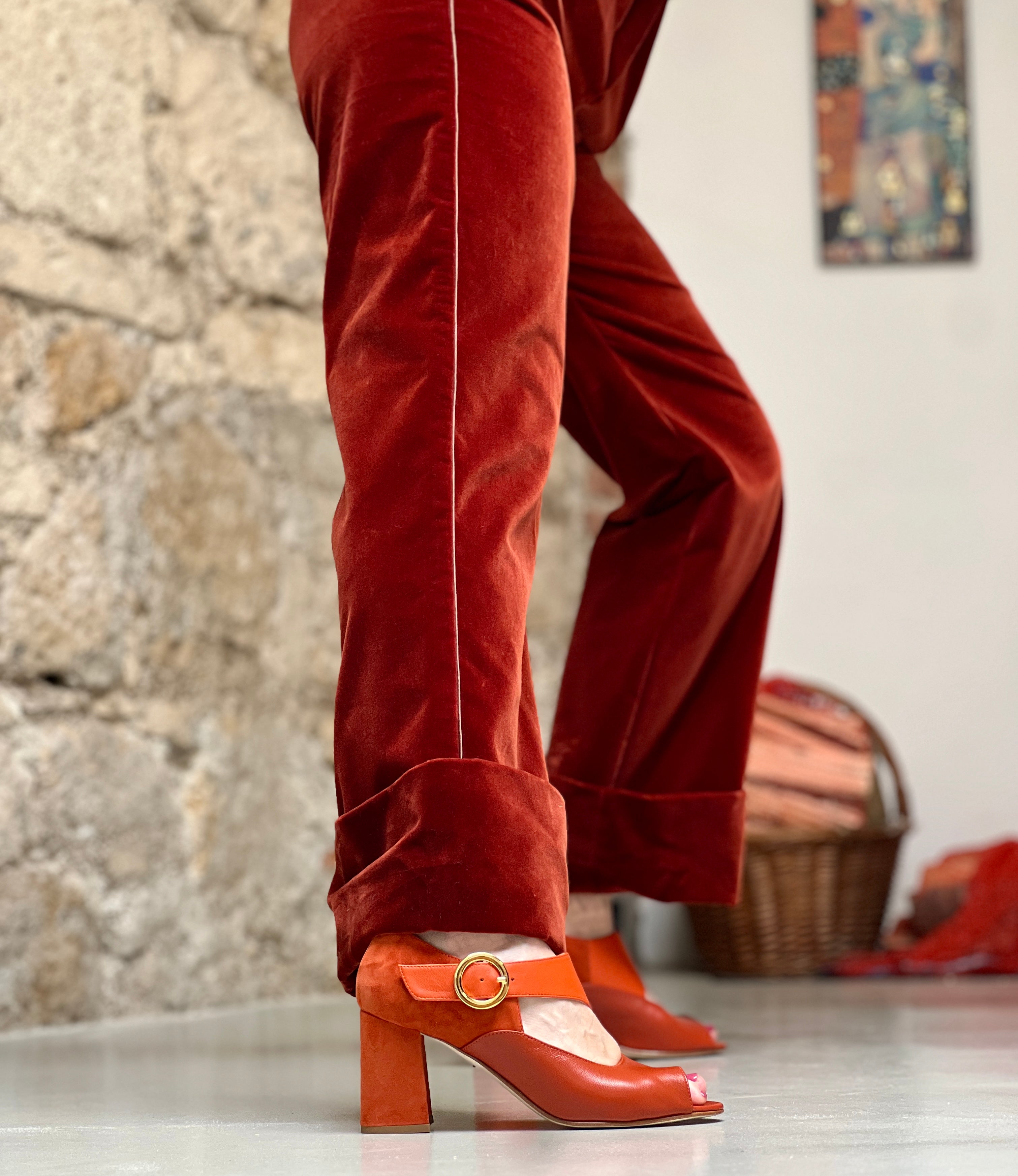Carioca Brick sandalo in pelle e camoscio aperto color ruggine tacco 7.5 artigianale toscana