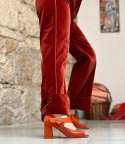 Image of Carioca Brick sandalo in pelle e camoscio aperto color ruggine tacco 7.5 artigianale toscana