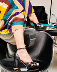 Golia Black sandalo con plateau in pelle nera e cinturino artigianale marchigiana