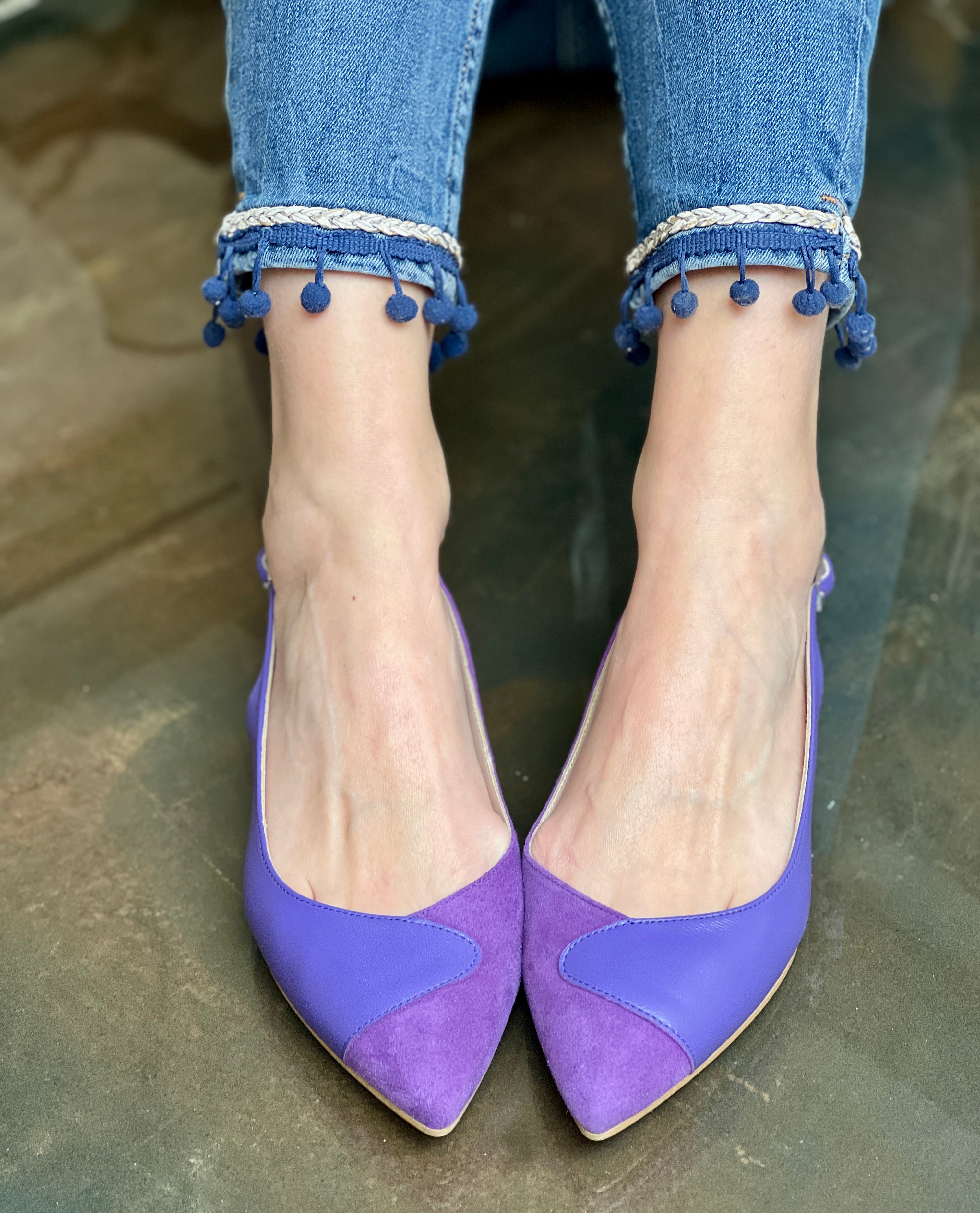 Delan Violet ballerina chanel in pelle/camoscio viola con tacco 2 cm. artigianale