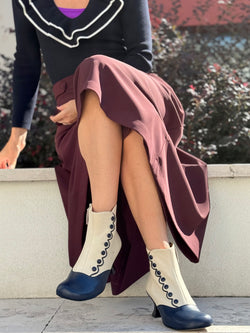 Image of MaryPoppins Cream tronchetto stile vintage in pelle blu e panna artigianale Lagattaconglistivali