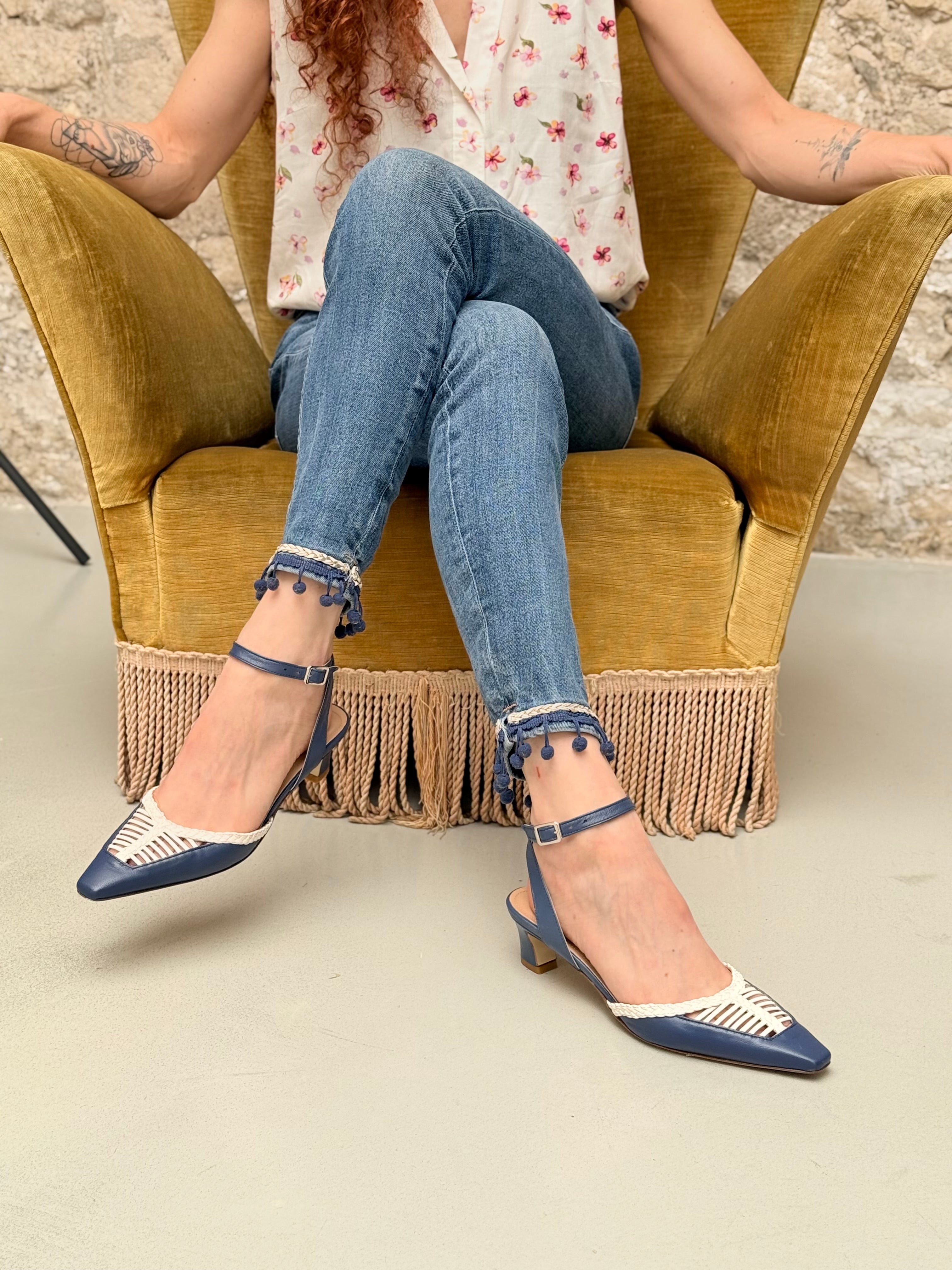 Image of Sfesa  Blue chanel in nappa blue e bianca tacco 5 artigianale marchigiana