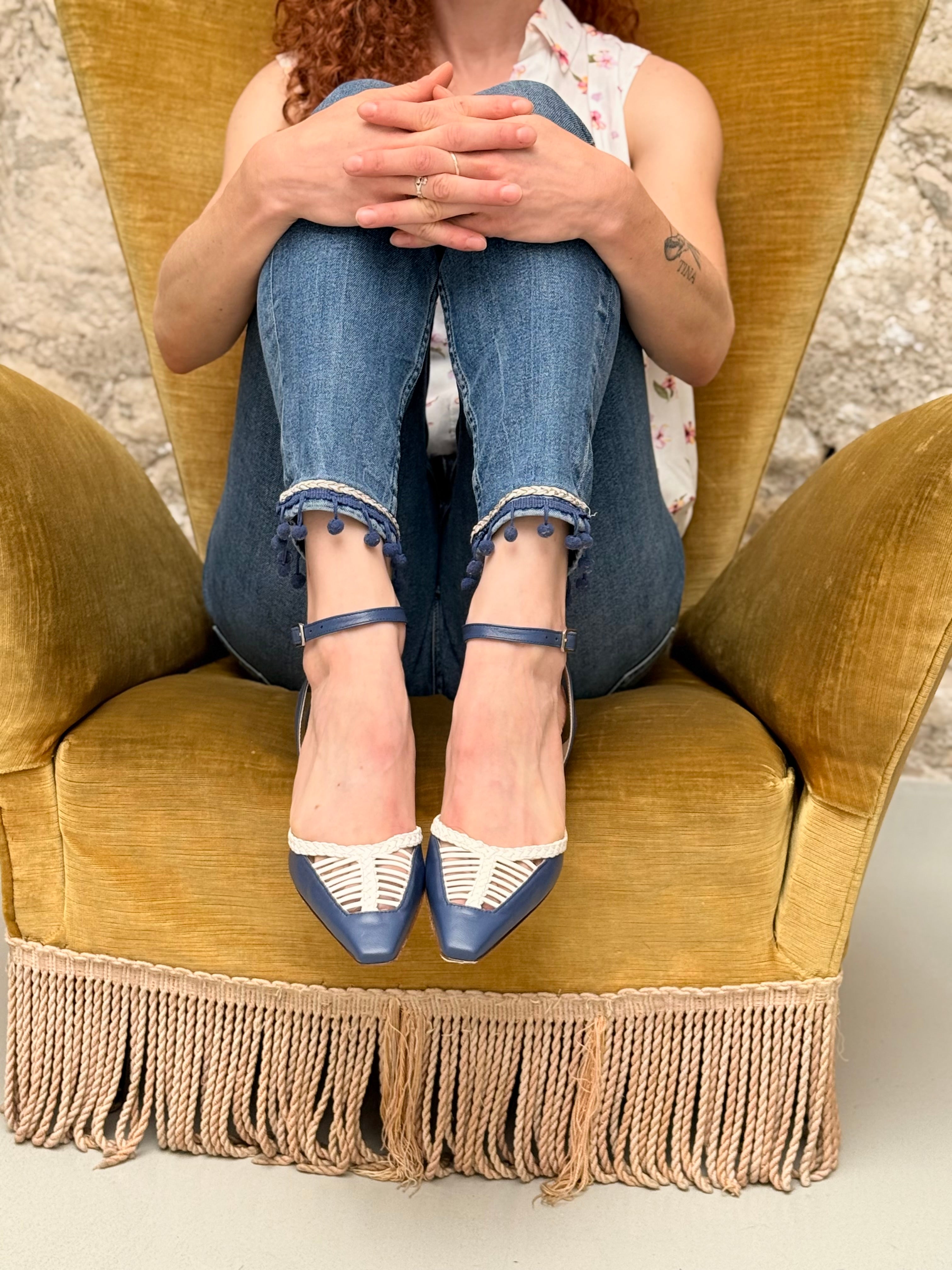 Image of Sfesa  Blue chanel in nappa blue e bianca tacco 5 artigianale marchigiana