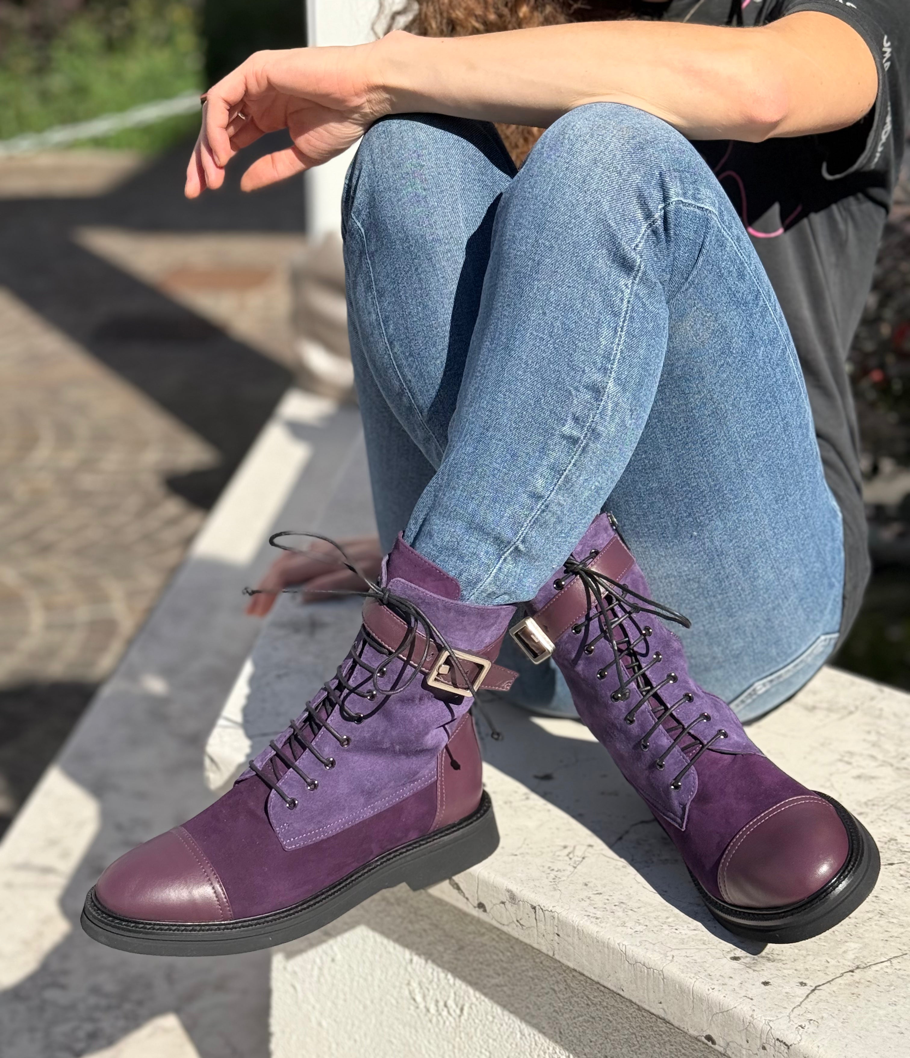 Eagle Purple anfibio allacciato in camoscio viola artigianale marchigiana