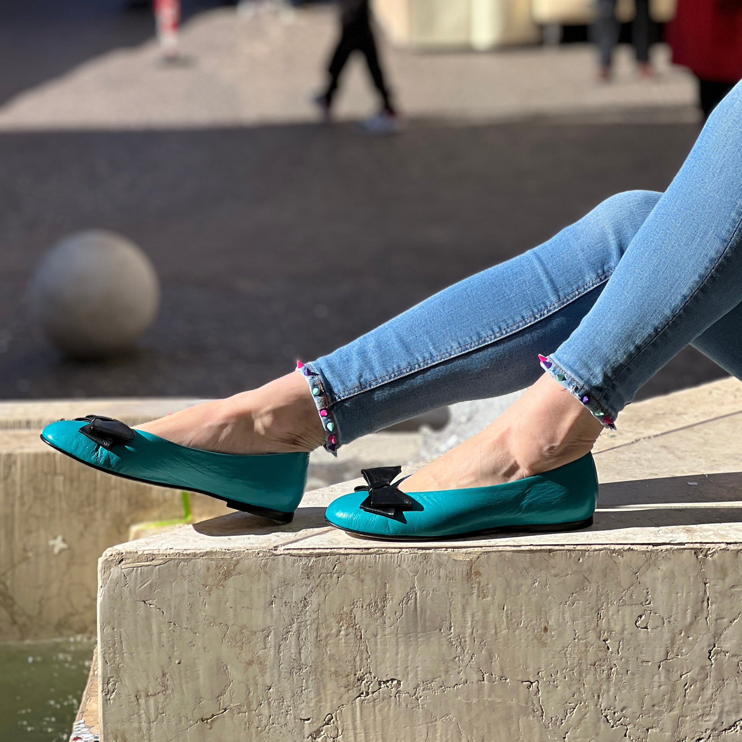 Image of Frack Turck ballerina a sacchetto in nappa turchese lavorazione artigianale marchigiana