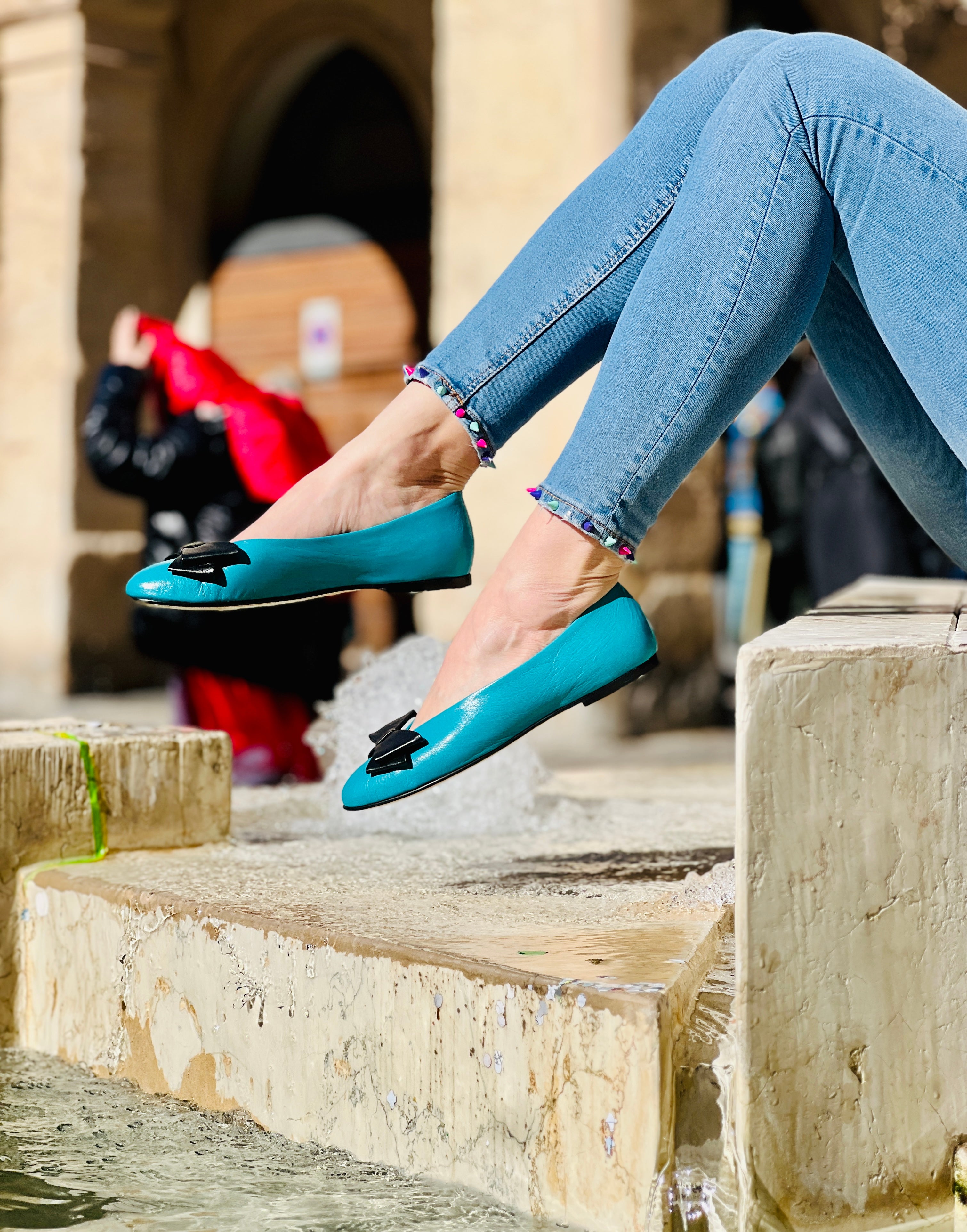 Image of Frack Turck ballerina a sacchetto in nappa turchese lavorazione artigianale marchigiana