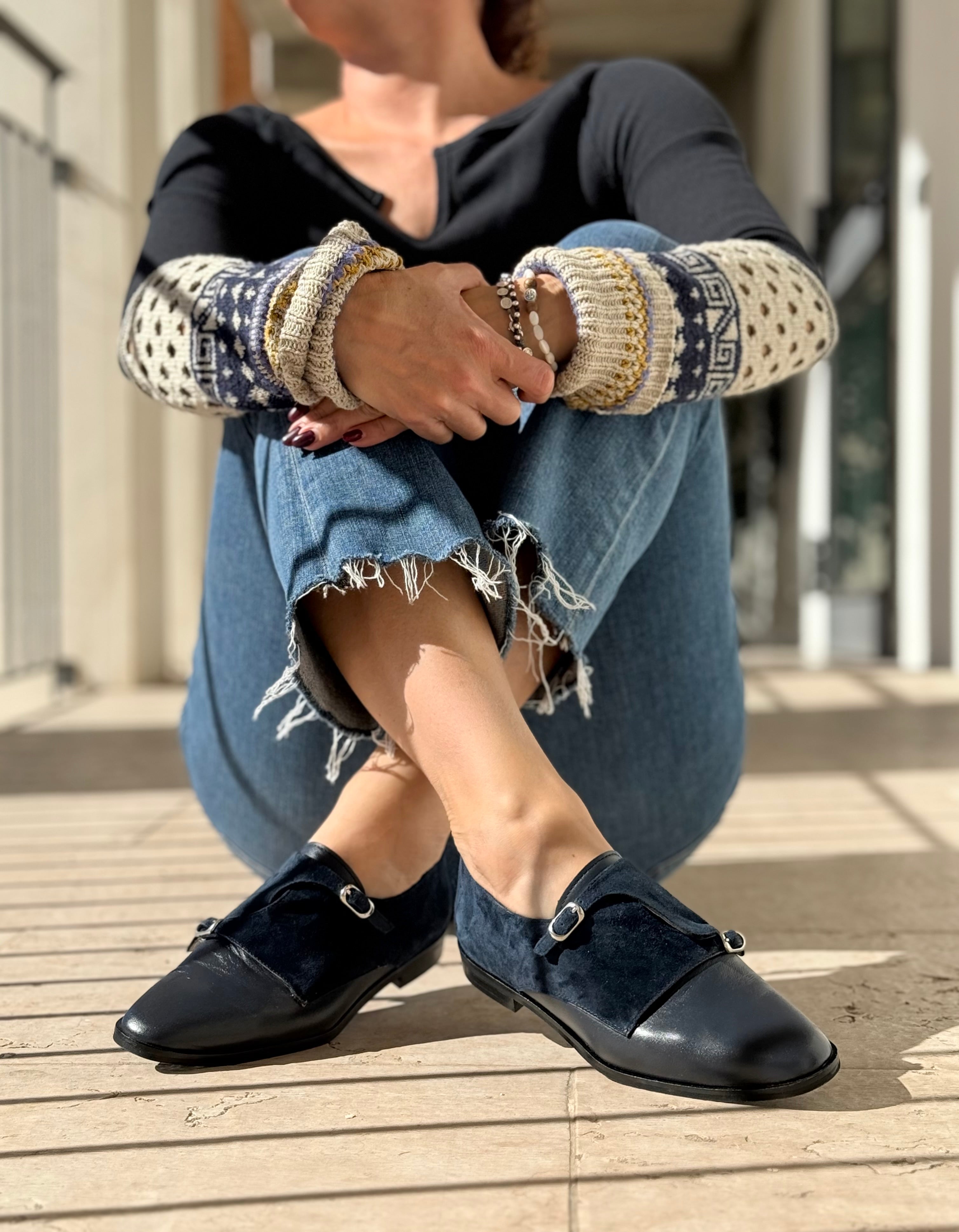 Image of Ramsay Blue scarpina bassa in nappa e camoscio blu artigianale toscana