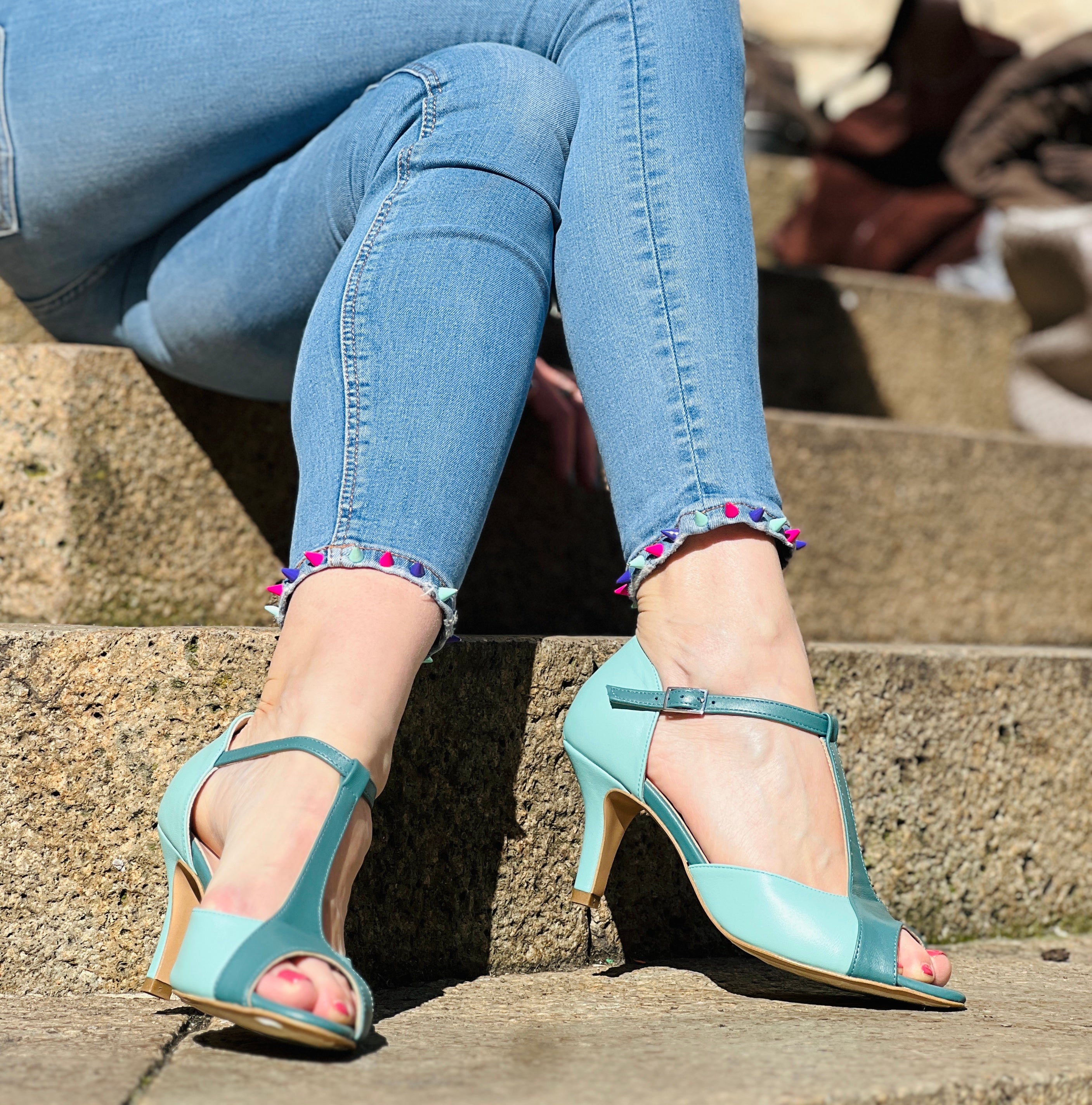 Potter Acqua scarpa da tango tacco 8 cm in nappa azzurra e turchese  artigianale pugliese
