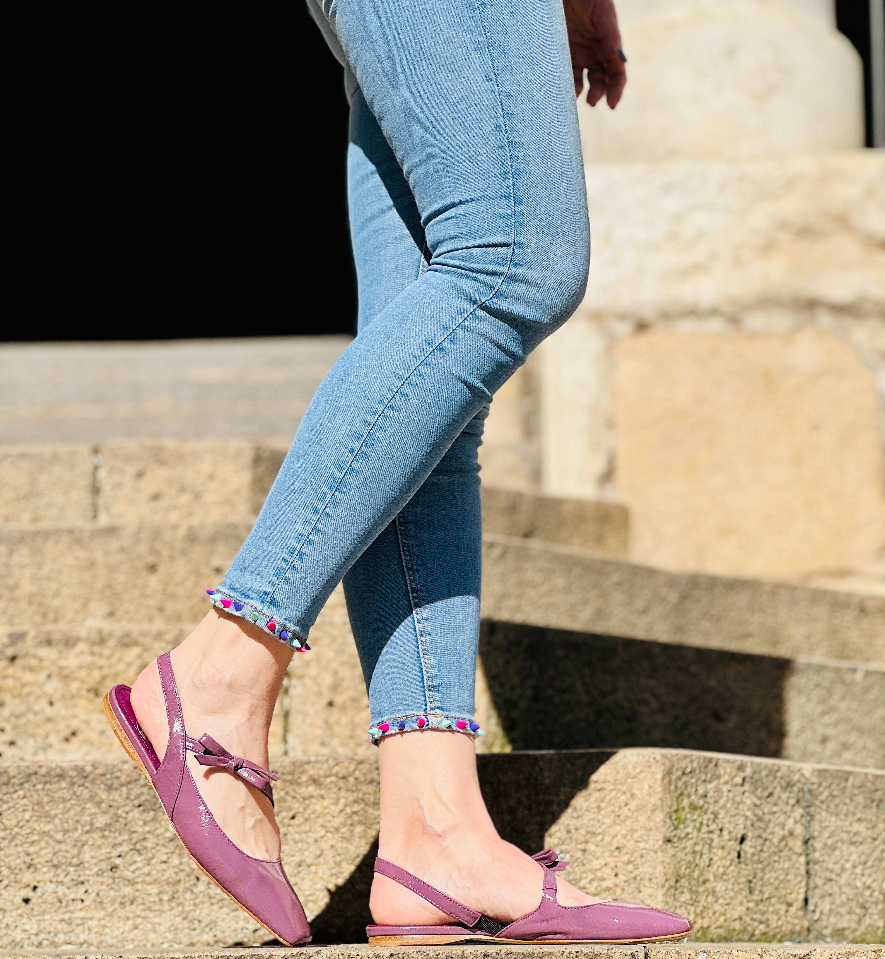 Image of Miami Uva ballerina chanel in pelle viola tacco 1 cm artigianale marchigiana