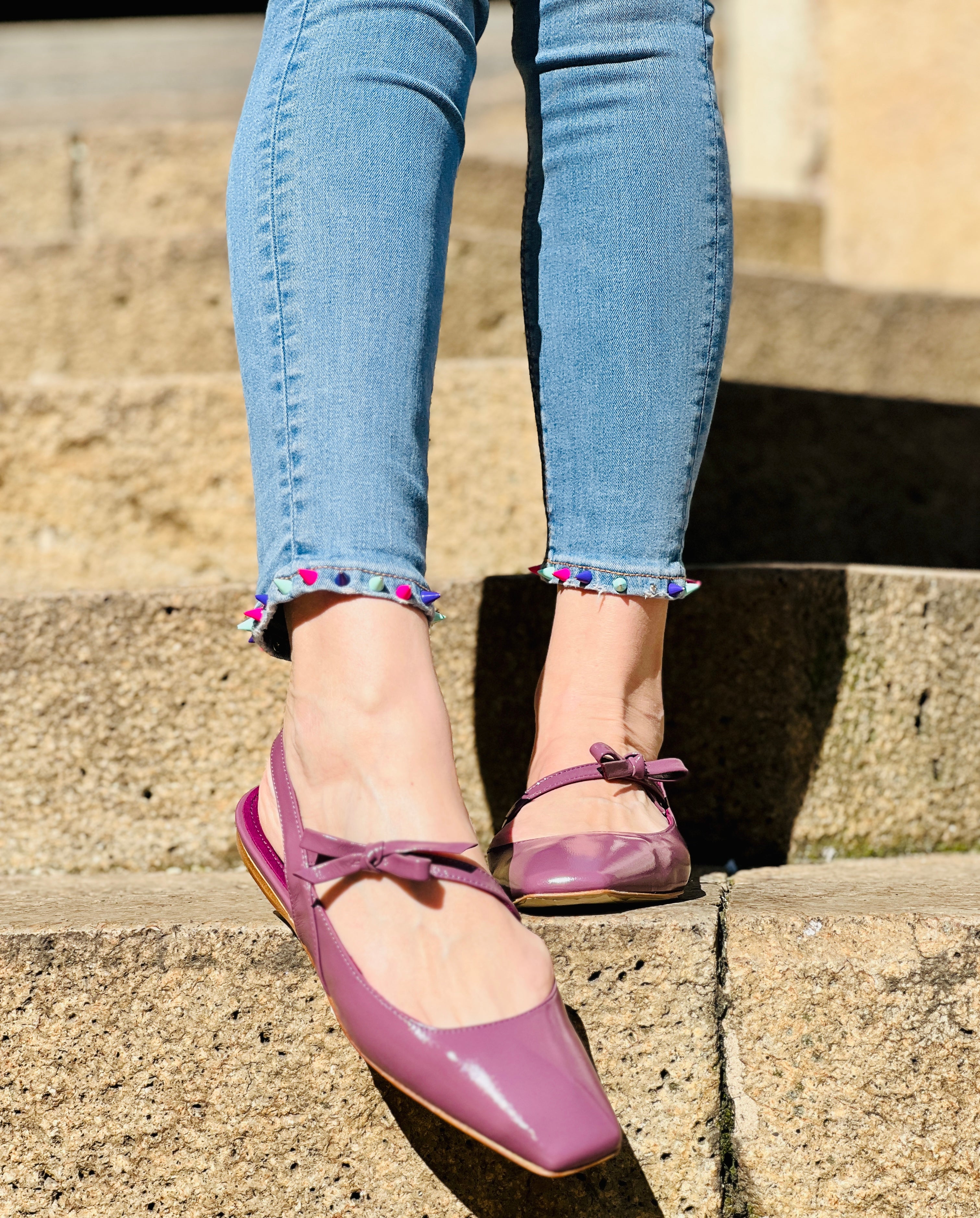 Image of Miami Uva ballerina chanel in pelle viola tacco 1 cm artigianale marchigiana