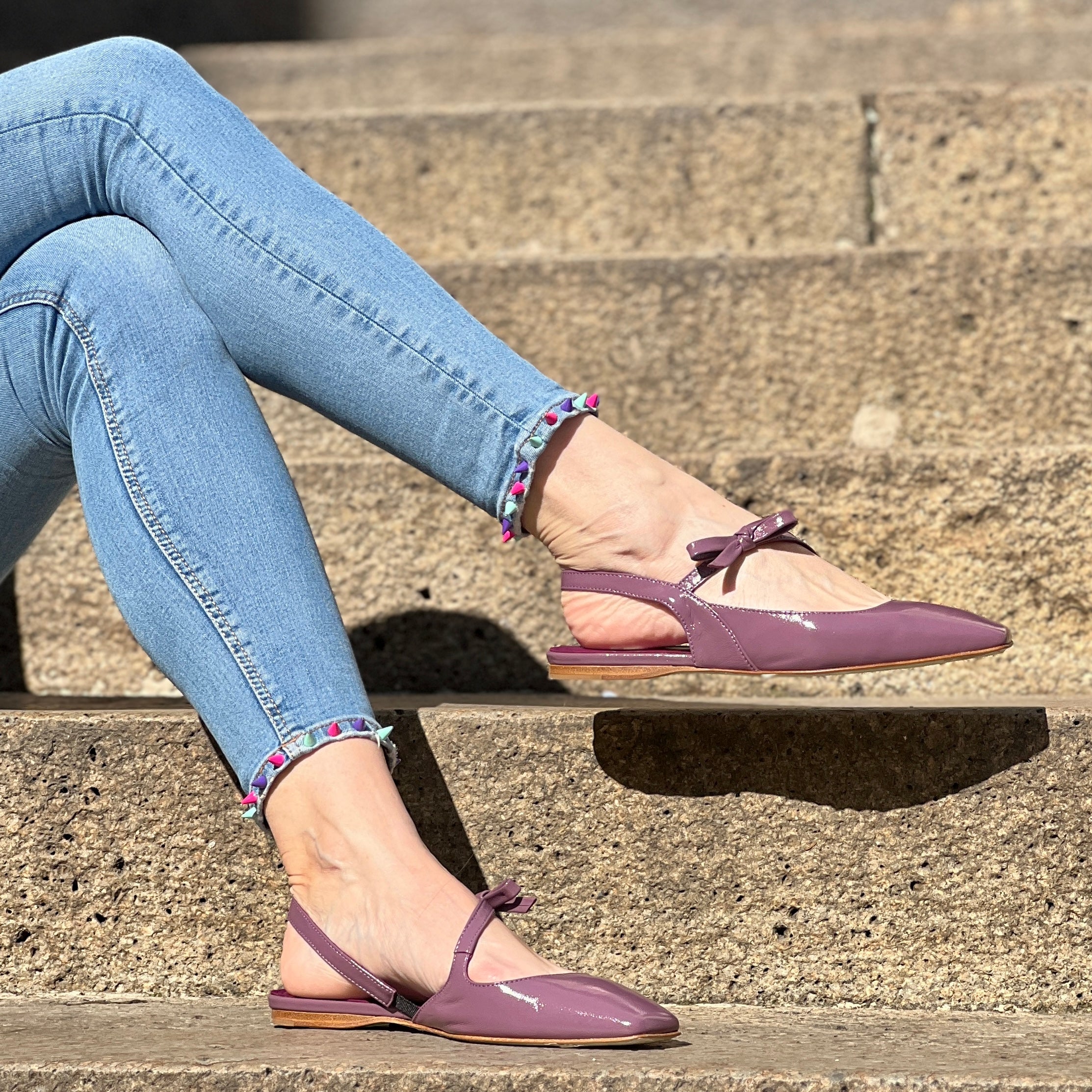 Image of Miami Uva ballerina chanel in pelle viola tacco 1 cm artigianale marchigiana